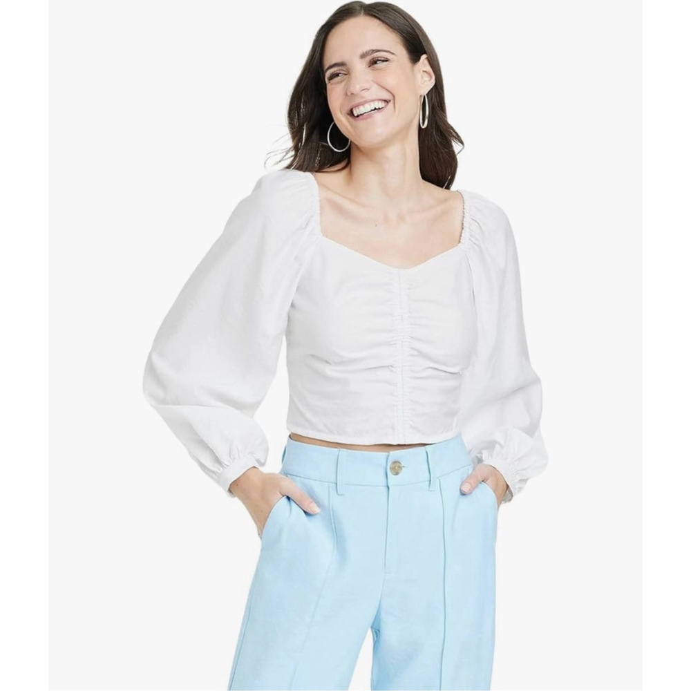 A New Day Women's Long Balloon Sleeve Slim Fit Rached Front Top size S NWT